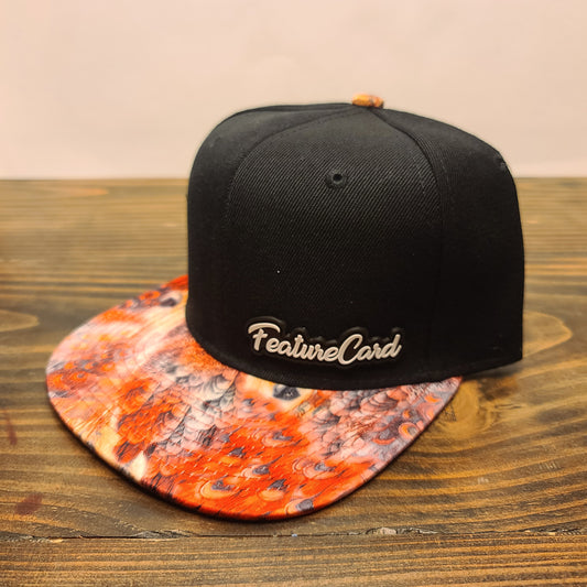 FeatureCard Hat Red Peacock Feathers Snap Back